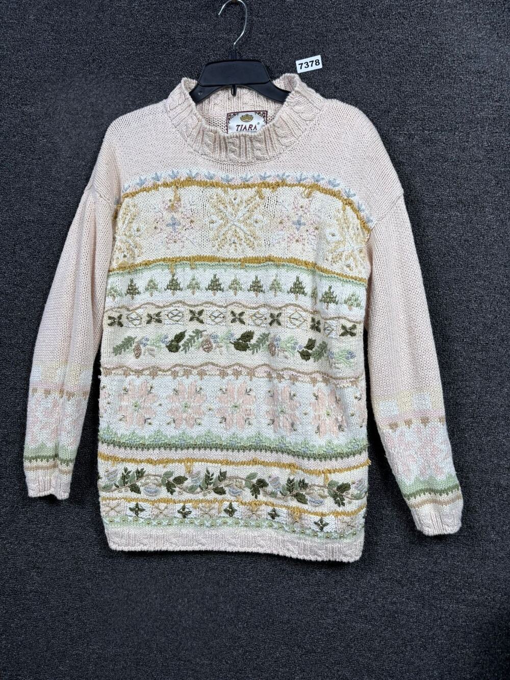 VTG Tiara Floral Sweater Womens Size L Cream Multi Embroidered Cottagecore